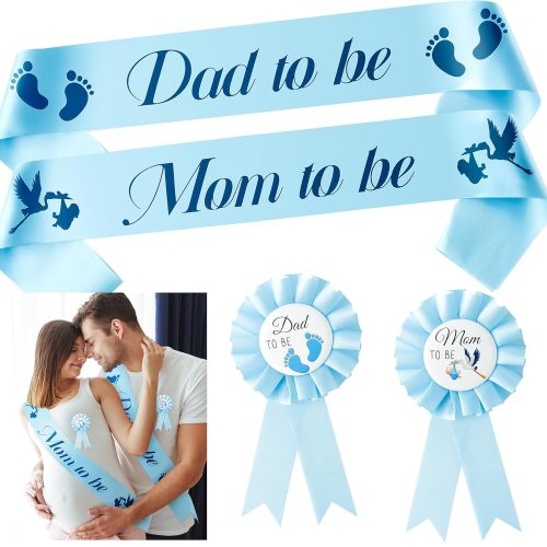 1 4Pcs Stork Maternity Sash Set Blue Stork Mom to Be & Dad to Be Sash Kit with Corsage Pin Stork Theme Pregnancy Sash Keepsake for Boy and Girl Baby Shower Gender Reveal Party Photo Prop Gift