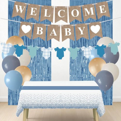 1 18PCS Dusty Blue Baby Shower Decorations with Welcome Baby Banner Clothes Banner Tablecloth Decor Set
