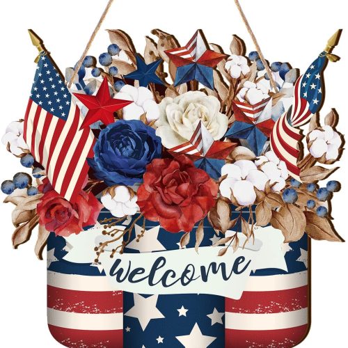1 4th of July Decorations Patriotic Memorial Day Wooden Door Sign Red White Blue Wreath American Flag Door Hanger Independence Day Decor for Front Porch Wall Home Outdoor(Stylish)