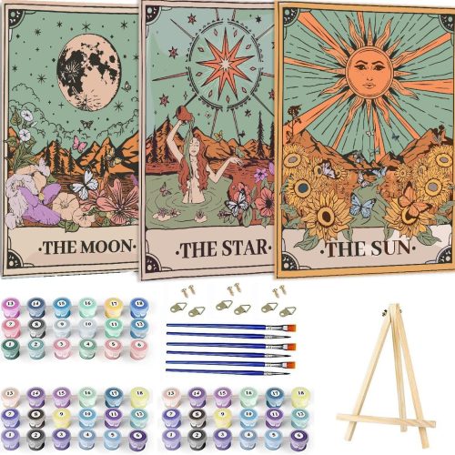 1 Paint by Numbers Kit for Adults Framed Canvas, 3 Pack with Wooden Easel,Paint by Numbers for Kids Ages 8-12, Sun and Moon DIY Acrylic Landscape Oil Painting Arts Crafts, 9.45x11.8inch