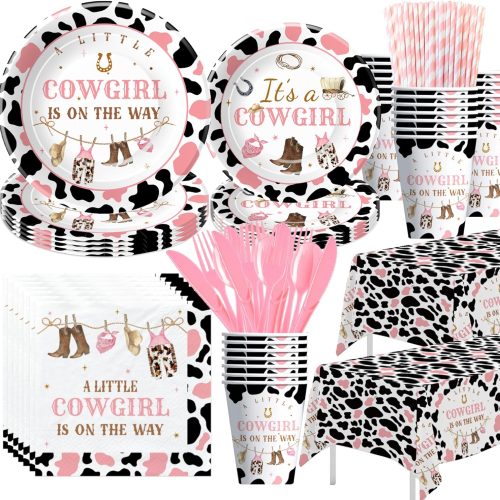 1 Western Cowgirl Baby Shower Decorations Party Tableware, Wild West Rodeo Theme Little Cowgirl Baby Girl Table Decorations Supplies, Paper Plate, Cup, Napkin, Cutlery, Tablecloth, Serves 24