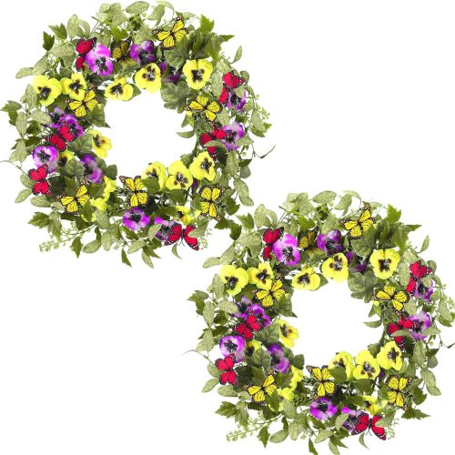 1 2 Pcs Spring Summer Door Wreath for Front Door 22'' Artificial Yellow Purple Pansy Floral Wreath with Butterfly Green Eucalyptus Leaves for Indoor Outdoor Home Wedding Farmhouse Window Decor