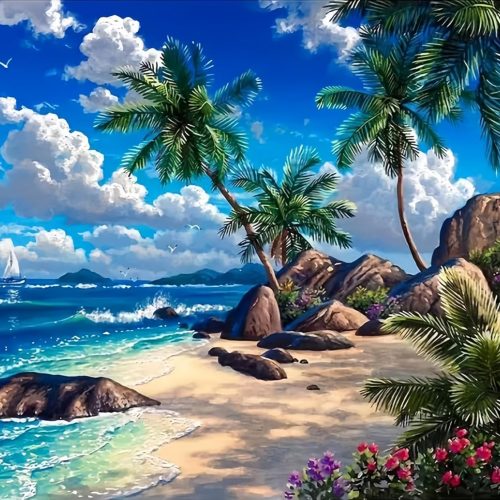 1 Diamond Art Kits for Adults Beach, DIY 5D Diamond Painting Kit for Beginners, Seaside Full Round Drill Gem Art Dots for Adults, Diamond Dots Paintings Crafts Home Wall Decor 12X16 Inch