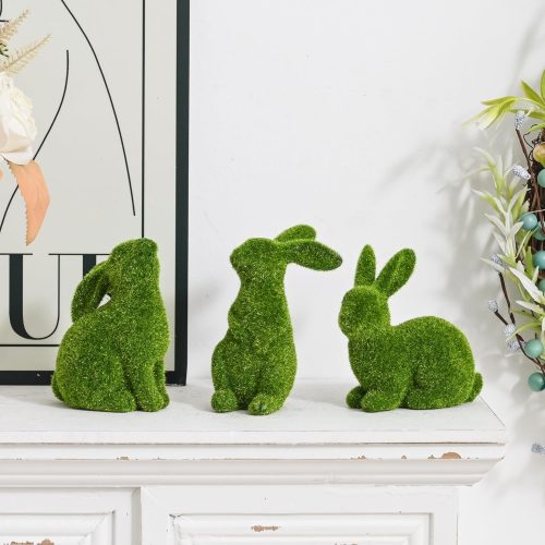 1 Resin Flocked Bunny Figurines Set of 3, Artificial Green Moss Bunnies for Easter Decor, Small Decorative Rabbit Statues for Home Decor, Spring Tabletop Centerpiece, Outdoor Decorating