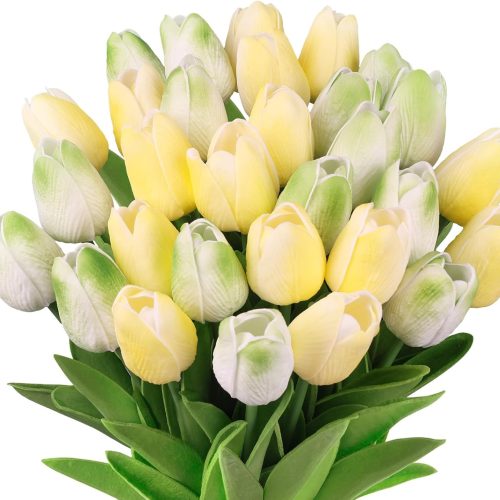 1 30 PCS Artificial Tulip Flowers 13.7" Real Touch Fake Flowers Faux PU Tulips for Floral Arrangement Table Centerpieces Kitchen Home Indoor Outdoor Mothers Day Easter Spring Decor(Mix Green)
