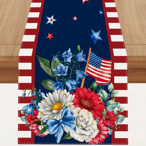 1 Watercolor Red White and Blue American Flag Stars Table Runner 4th of July Memorial Day Veterans Day Patriotic Decoration and Supplies for Home 13x72 Inch