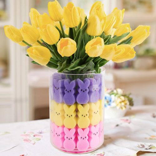 1 Easter Decorations - Easter Peeps Decor - 15 Artificial Tulips with 45 Bunnies Vase Filler Set, Spring Home Indoor Decoration Centerpieces for Tables