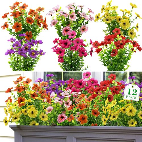 1 Artificial Faux Plants Flowers for Outdoors UV Resistant Fake Plants Flowers 12 Bundles Spring Artificial for Outdoors Home Decor