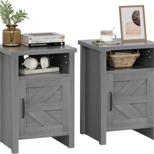 Farmhouse Modern Nightstand with Shelf and Barn Door, Set of 2 for Bedroom, Gray