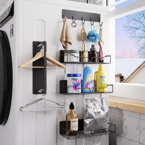 Magnetic Shelves for Washing Machine, 5 Pack Heavy Duty Laundry Shelf Organizer with Hooks, Strong Magnetic Storage Rack for Washer, Dryer, Refrigerator & Kitchen Laundry Organizer (Black)