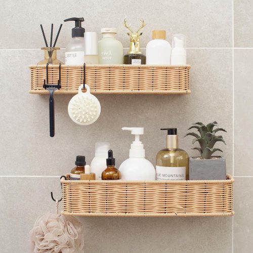 Shower Caddy Hanging, 2 Pack Bathroom Shelves for Shower, Waterproof Shower Shelf for Inside Shower, Shower Shelves for Organization and Storage, Wicker Shower Rack for Home Decor, Natural