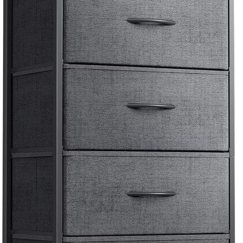 Dresser for Bedroom with 4 Storage Drawers, Small Dresser Chest of Fabric Drawers with Sturdy Steel Frame, Wood Top, Dark Grey