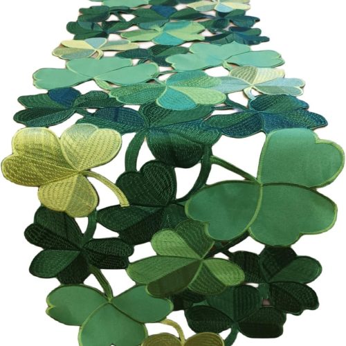 St. Patrick's Day Irish Shamrock Table Runner, Embroidered Cutouts for Family Dining Spring Party Holiday Table Decorations, Green (Clover 15" x 70")