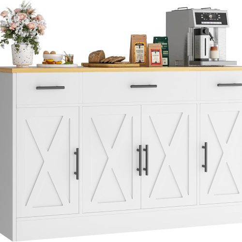 Buffet Cabinet with Storage, Farmhouse Coffee Bar Table with Drawers, 53” Large Modern Sideboard Buffet with Adjustable Shelves, Wood Buffet Table for Kitchen, Dining Room, White