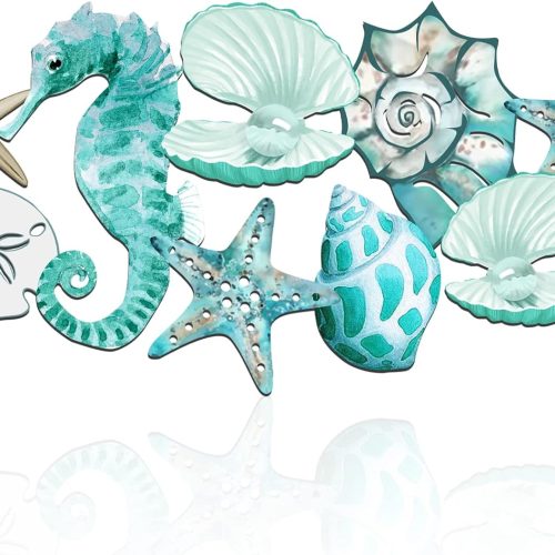 Metal Beach Wall Decor Seashell Beach Themed Bathroom Decor Rustic Nautical Ocean Coastal Starfish Seahorse Themed Wall Art for Living Room Bathroom Bedroom,15.8 Inch(Aqua Blue)
