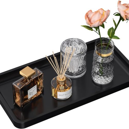 Bathroom Vanity Tray for Countertop - Bamboo Organizer Tray for Dresser Tops, Toilet, Perfume Small Decorative Wood Tray for Home Decoration 11.4” L x 6.1” W x 0.7” H (Black)