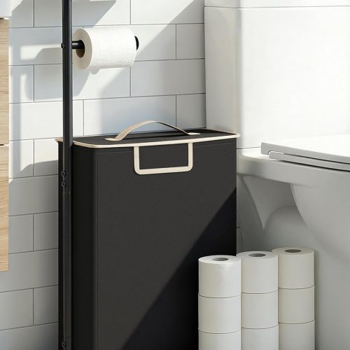 1 Toilet Paper Holder Free Standing with Storage for Up to 12 Rolls,Rustproof Metal Black Toilet Paper Stand with Shelf,All-in-One Toilet Tissue Roll Dispenser and Organizer with a Lidded Basket