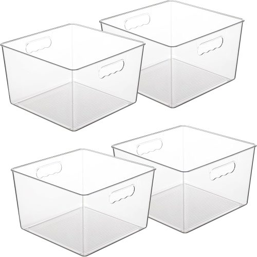 1 4 Pack Extra Large Clear Plastic Storage Bins,11x11 Cube Acrylic Organizer Square Containers with Handle for Pantry,Closet,LaundryRoom,Kitchen,Bathroom,UnderSink Organization