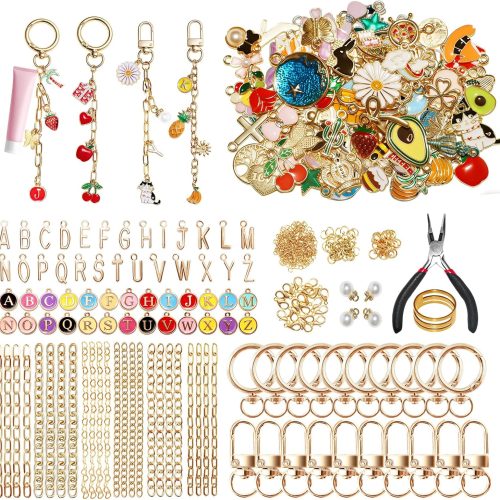 1 Keychain Making Kit, Charms Lip Gloss Key Chain Bracelet Design Set, Cute & Friendship Jewelry Making Kit, DIY Make 24 Set Keychain for Beginners
