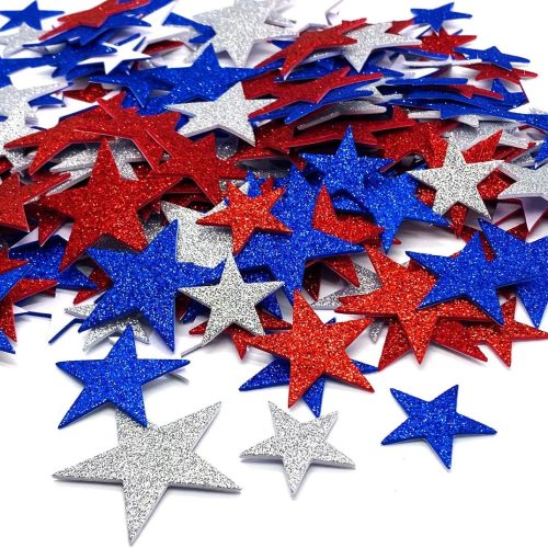 1 200 Pcs Glitter Star Stickers Patriotic Decoration Self Adhesive Star Shape Glitter Foam Sticker for 4th of July Decor Kid's Arts Craft Supplies Greeting Cards Homemade Crafts Red Blue Silver