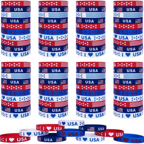1 100Pcs American Flag Silicone Bracelets, Fourth 4th of July Party Accessories USA Veterans Day Memorial Day Patriotic Wristband, Red White and Blue Party Favors School Gifts