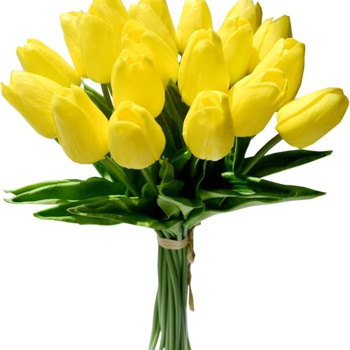 1 Artificial Tulips 20 Stems Yellow PU Faux Flowers for Valentine's Day and Easter Decorations Wedding Home Decor 13.5 Inch
