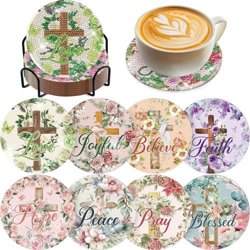 1 Diamond Painting Art Coaster Kit - 8 PCS Cross Christian Diamond Art Coaster Set With Bible Verse Religious Gem Art Coaster Non Slip Diamond Painting Kits Inspirational Gift for Adults Beginners Xmas