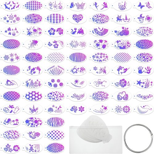 1 72 Pcs Face Paint Stencils Reusable Face Painting Stencils Body Painting Makeup Tattoos with Storage Bag and Binder Ring for Kid Adult Carnival Art Birthday Party(Vintage)