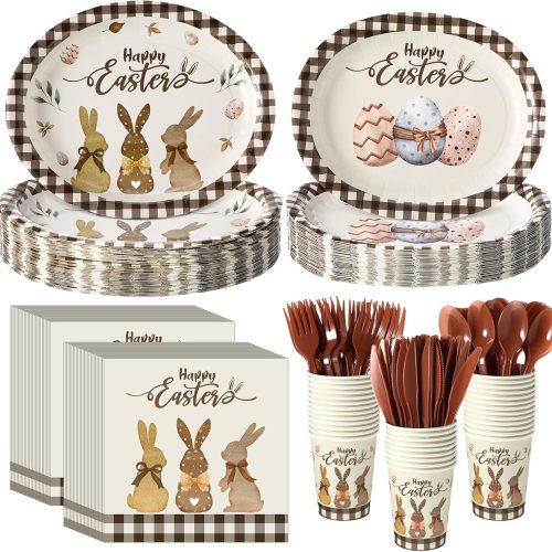 1 350 Pcs Easter Bunny Party Supplies Happy Easter Disposable Tableware Set Rustic Buffalo Plaids Eggs Bunny Oval Paper Plates Cups Napkins Fork Knife Spoon for Spring Party Dinner Table Decor