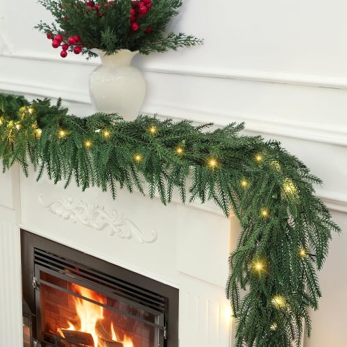 1 6 ft Norfolk Pine Garlands with Light ,Pre-Lit Christmas Garland,Dense Norfolk Pine Real Touch Garlandfor Table, Mantle, Staires, Wall, Premium Indoor/Outdoor Christmas Decorations