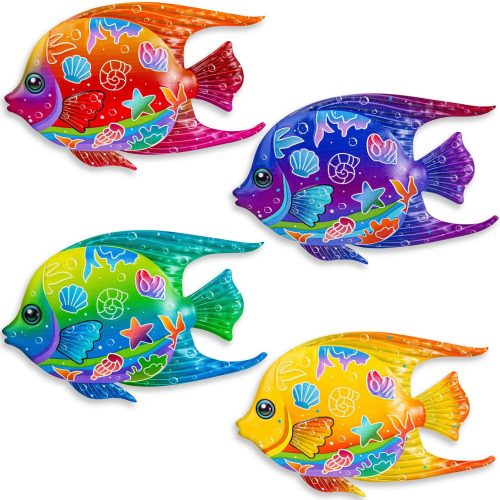 1 9 Inches Metal Fish Wall Art, Coastal Beach Nautical Hanging Decor, Outdoor Ocean Pool Wall Decor (4, Fish-A)