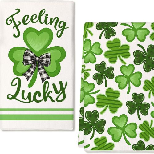 1 St Patricks Day Kitchen Towels Set of 2,Green Bowknot Lucky Shamrock Dish Towels 18x26 Inch Drying Dishcloth,Farmhouse Seasonal Holiday Hand Towels for St Patty's Day Decor