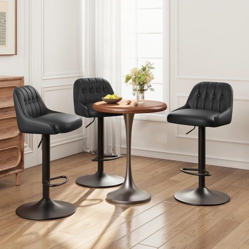 1 Bar Stools Set of 3, Swivel Bar Chairs, Modern Adjustable PU Leather Upholstered Barstools Counter Height with Tufted Back for Bar, Kitchen Counter Island, Dining Room, Black