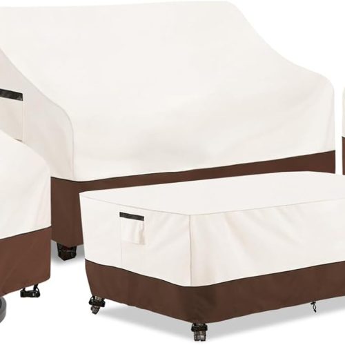 1 Patio Furniture Covers Set,4-Piece 600D Heavy Duty Waterproof Outdoor Furniture Cover for Patio Swivel Rocker Chairs,Loveseat and Coffee Table,Beige & Brown