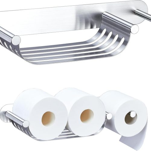 1 Toilet Paper Storage Wall Mount, Extra Toilet Paper Holder Metal, Modern Stand for 4 Rolls, Adhesive Roll Organizer for Bathroom Kitchen Washroom (Sliver)