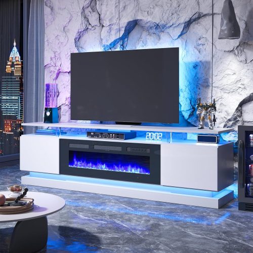 1 70" Fireplace TV Stand for TVs up to 80", Modern Entertainment Center with Black Fireplace and Storage, White