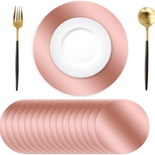 50 Pcs Round Rose Gold Placemats, 13.3" Mirror Foil Decorative Dining Table Place Mats Mirrored Disposable Paper Placemat for Wedding Bridal Shower Valentines Birthday Party