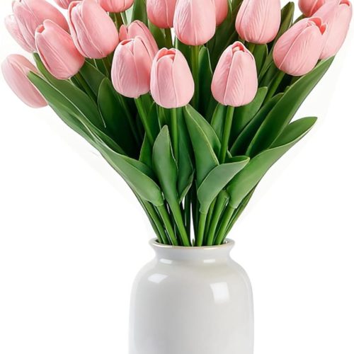 Pink Faux Tulips Real Touch (20 Pcs) - 13.5 Inch Premium PU Artificial Flowers for Valentine's Day, Spring & Easter Home Decor, Wedding Bouquet