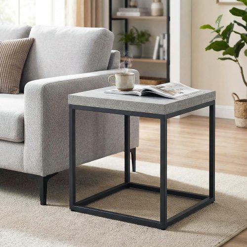 Modern Grey Square End Table, 18" Side Table for Living Room, Extra Thick 1.6" Wood Top & Metal Frame, Sturdy Industrial Nightstand Accent Furniture, Faux Concrete Finish
