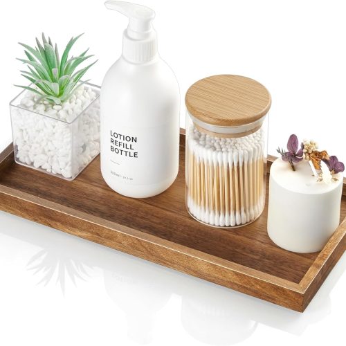 11.7" Bathroom Vanity Tray for Counter - Acacia Wood Decorative Tray for Toilet Tank Makeup Perfume Jewelry Catchall Coffee Table - Wooden Kitchen Countertop Organizer for Soap Dispenser