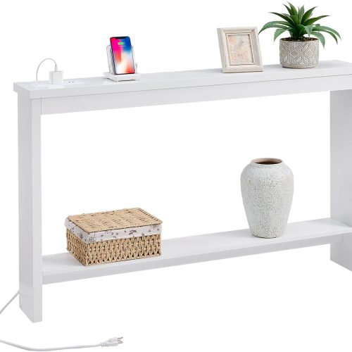Narrow Sofa Table with Outlet and USB Port, Behind Couch Table Skinny Console Table with Charging Station Thin and Long Slim Entryway Table for Living Room, Hallway, Entry Hall, Foyer, White