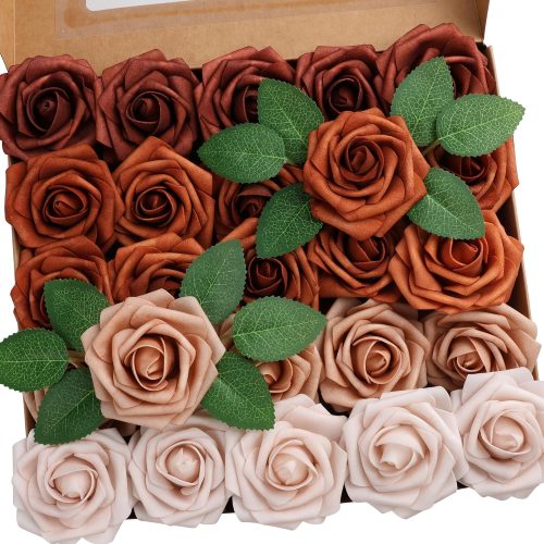 1 25pcs Artificial Flower,Real Looking Foam Roses w/Stem for DIY Wedding Bouquets Centerpieces Bridal Shower Party Decor-Shades of Burnt Orange