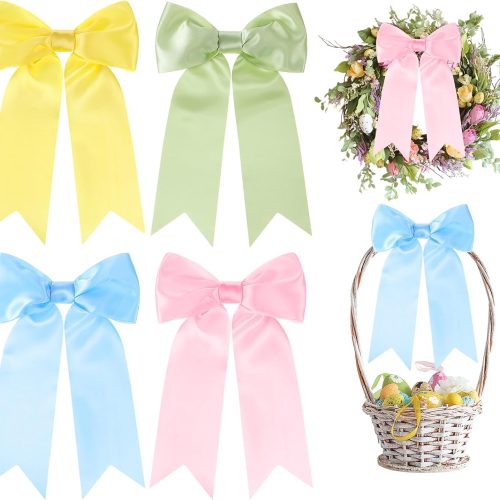 4 Pcs Easter Spring Wreath Bow 7.8x13 Inches Large Colorful Ribbon Premade Bows for Gifts Basket Pink Yellow Blue Green Favor for Door Tree Topper Wall Indoor Outdoor DIY Crafts