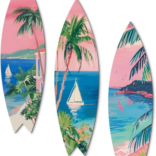1 Decor Set of 3 Surfboard Wall Decor with Triangle Hooks, Tropical Coastal Wooden Wall Art with Palm Trees and Sailboats, Beach-Themed Wall Hanging for Home, Office, Patio