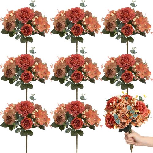 1 8 Packs Artificial Peony Flowers Faux Silk Hydrangea Bouquet Vintage Wedding Home Table for Door Decor Reusable Bouquet of Rose Flowers for Valentine Wedding Birthday Party(Dark Orange)