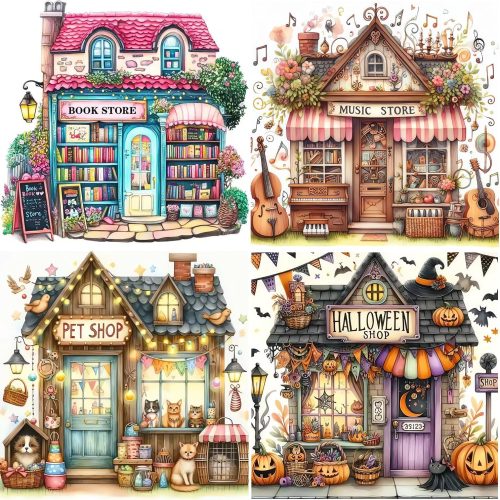 1 4 Pack Store Diamond Art Kits for Adults, 5D Diamond Painting Kits for Beginners, DIY Paint with Round Full Drill Diamond Dots Shop Gem Art for Home Wall Decor 13.8x13.8inch