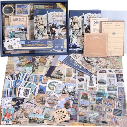 1 Scrapbooking Supplies Kit, Daily Life World Travel Scrapbook Kit for Bullet Junk Journal, Stationery, A6 Grid Notebook, DIY Journaling Supplies, Birthday Craft Gift Teen Women