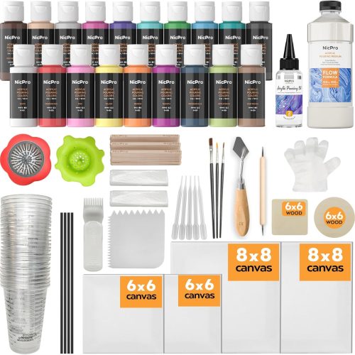 1 Acrylic Pouring Kit, Artist Starter Supplies Including 19 Colors Acrylic Paints,Pouring Medium, Silicone Oil, Canvases, Gloves, Strainers, Mixing Stick, Instructions for Flow DIY Painting