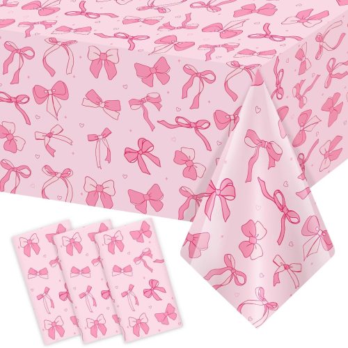 1 3 Pack Pink Birthday Bow Party Decorations Tablecloths, Large Size 54 X 108 Inch Bow Table Cloth Plastic Table Cover Girls Birthday Tablecloth Rectangular