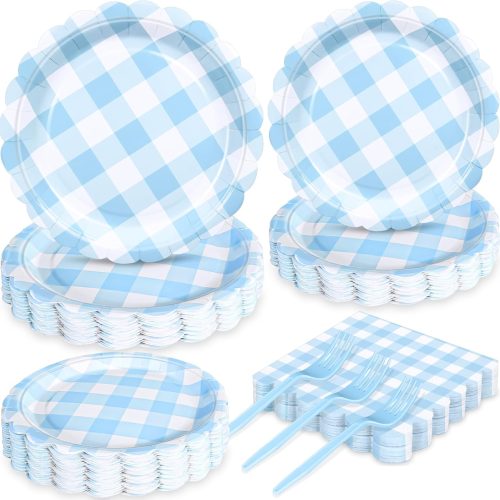 1 Blue Gingham Party Plates Set for 24 Guests, 96 Pcs Disposable Blue Checkered Paper Plates, Napkins and Spoons, Picnic Tableware for Baby Shower, Birthday, Wedding, Boy Shower, BBQ, Outdoor Party